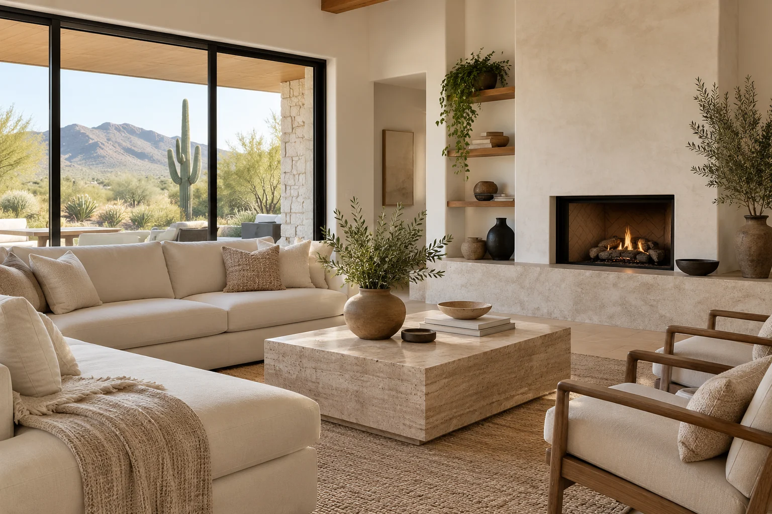 A clean, sunlit Arizona living room with cream seating and natural wood