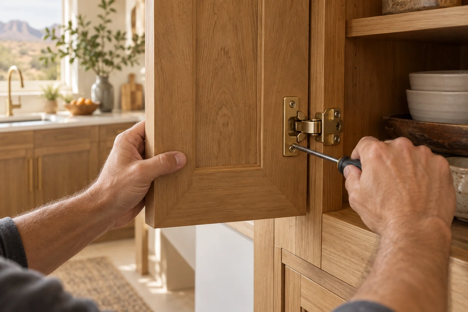 Cabinet hardware being adjusted with a manual screwdriver