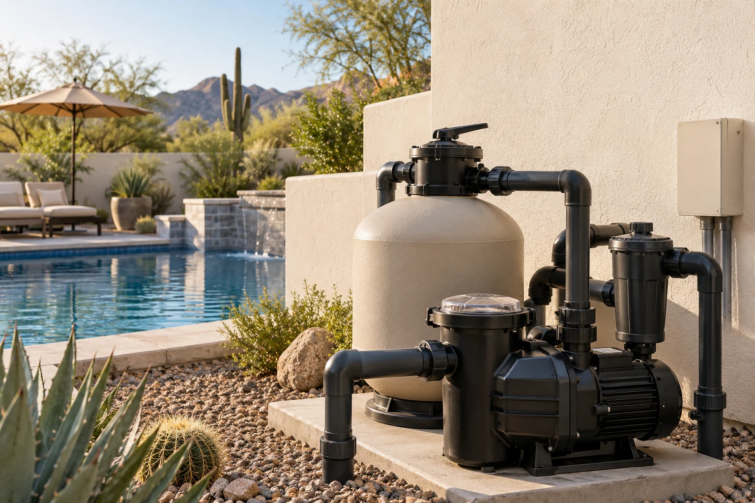 Residential pool pump and filter equipment beside a desert-home pool